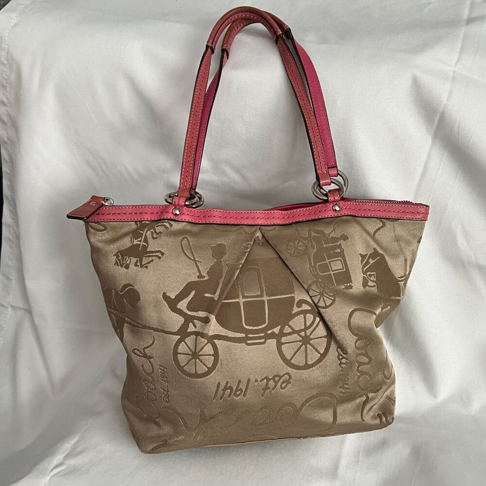 Coach F14482 Brown & Pink Tote Bag With Horse Carriage Pattern Dual Handles Zip - Picture 2 of 12